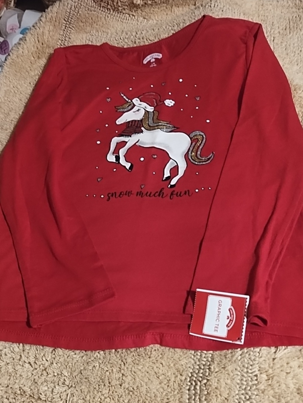 NWT Holiday Time Red Unicorn Snow Much Fun Long-Sleeve Tee 10-12 Girls.